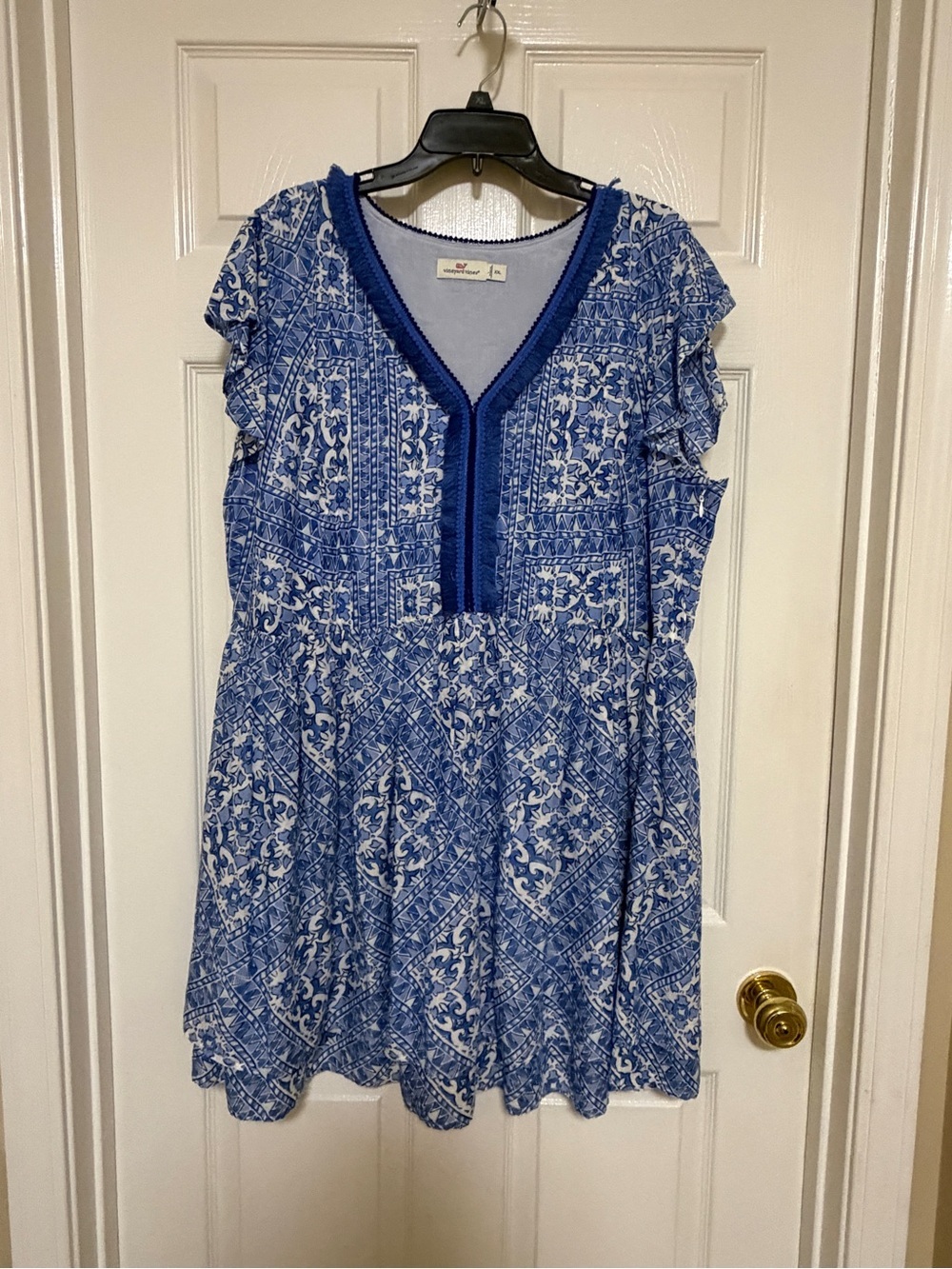 Vineyard Vines Blue White Tile Print Dress XXL Coastal Resort Style